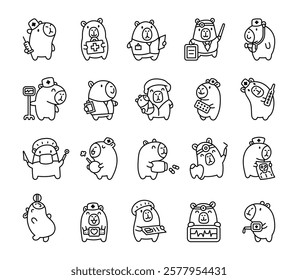 Set of capybara doctor and nurse characters in a variety of medical roles, using tools like syringe, stethoscope, thermometer, and pills, cute cartoon style for creative projects.