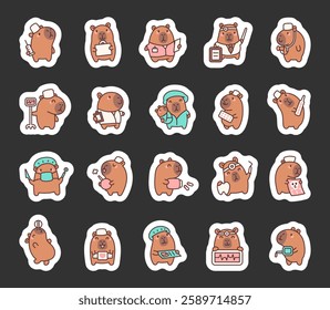 Set of capybara doctor and nurse characters in a variety of medical roles, using tools like syringe, stethoscope, thermometer, and pills, cute cartoon style for creative projects.