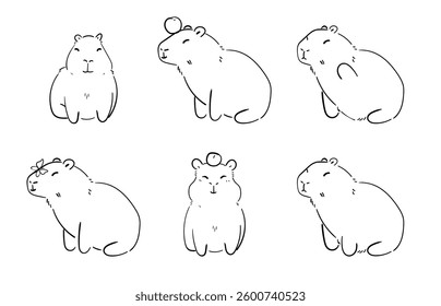 Set Capybara illustration doodle sketch, black white coloring simple illustrations
