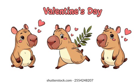 Set of capybara, Capybara in love, running, love, Valentine's Day, holiday, Valentine's Day, design for postcards, packaging, fabrics. Vector illustration