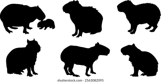 Set of capybara silhouettes. Cute capybara. Funny flat collection. Kawaii hand drawn capybara, isolated design