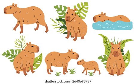 Set of capybara and capybara with tropical leaf composition isolated on white in cartoon flat style. Cute animal clipart perfect for stickers, kids design, decor, nature and summer projects.