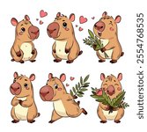 Set of Capybaras in love, love, Valentine