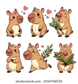 Set of Capybaras in love, love, Valentine's Day, holiday, birthday, design for postcards, packaging, fabric. Vector illustration