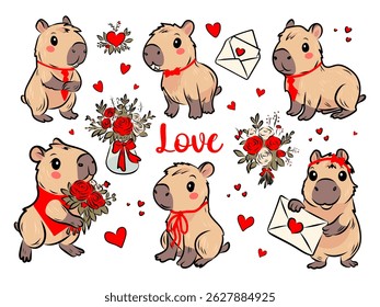 set of capybaras in romantic poses with red ties, flower bouquets, love letters and hearts. Kawaii animals with adorable facial expressions and love themed elements. for Valentine's Day cards Vector