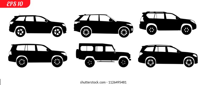 Set of car 4x4 silhouettes, black and white car silhouettes, logo suv isolated on white background, vector illustration car logotype. Set offroad silhouettes 4x4, repair, service monochrome icons 4x4