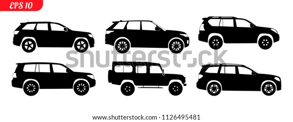 Set of car 4x4 silhouettes, black and white car\
silhouettes, logo suv isolated on white background, vector\
illustration car logotype. Set offroad silhouettes 4x4, repair,\
service monochrome icons\
4x4