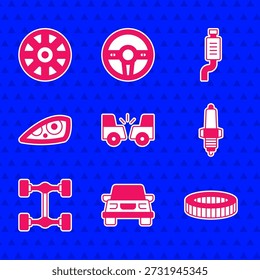 Definir acidente de carro, filtro de ar, vela de ignição, carro do chassi, farol, silenciador e roda de liga para ícone. Vetor