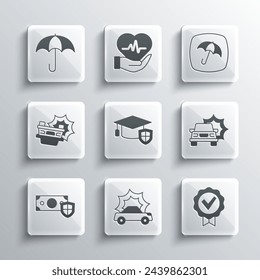 Set Car accident, Approved and check mark, Graduation cap with shield, Money, Umbrella and  icon. Vector