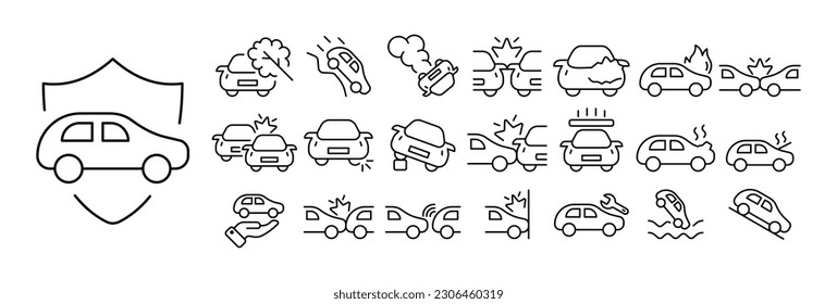 Set of car accident icons. Illustrations depicting various car accident scenarios, including collisions, breakdowns, road obstacles, warning signs, and emergency services.