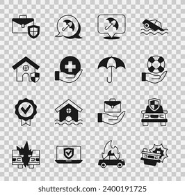 Set Car accident, insurance, Lifebuoy hand, Umbrella, House with shield, Briefcase and  icon. Vector