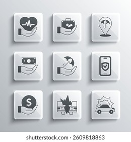 Set Car accident, Insurance online, Umbrella hand, Money with shield, Life insurance and  icon. Vector