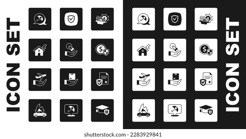 Set Car accident, Light bulb in hand, House lightning, Umbrella, Money with shield, Shield, Contract and Plane icon. Vector