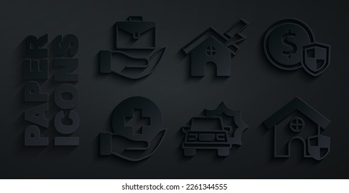 Set Car accident, Money with shield, Life insurance, House, and lightning and Hand holding briefcase icon. Vector