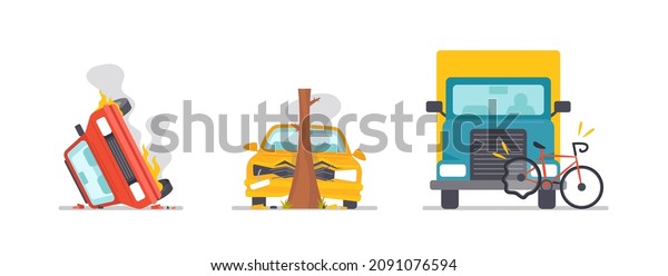 Set Car Accident on Road, Broken Automobile\
Lying on Roof with Fire and Steam, Car Bump into Tree, Truck Bump\
into Bicycle on the Way. Auto Breaking and Insurance Scenes.\
Cartoon Vector\
Illustration