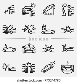 Set of car accident outline vector icon.