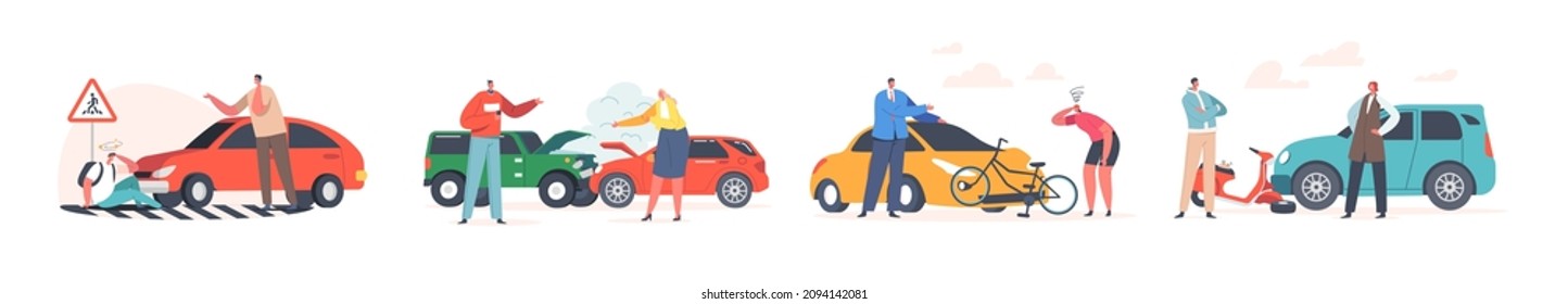 Set Car Accident with People on Road, Broken Automobile with Fire and Steam, Car Bump into Scooter, Sedan Bump into Bicycle on the Way. Driver Hit Pedestrian on Zebra. Cartoon Vector Illustration