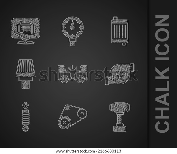 Set Car accident, Timing
belt kit, Gear shifter, Automotive turbocharger, Shock absorber,
air filter, radiator cooling system and Check engine icon.
Vector