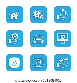 Set Car accident, Umbrella, Plane in hand, Insurance online, Shield,  and House lightning icon. Vector