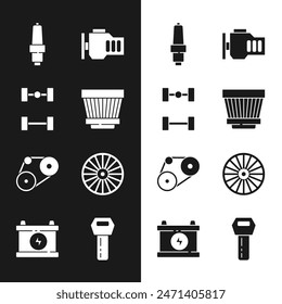 Set Car air filter, Chassis car, spark plug, Check engine, Timing belt kit, Alloy wheel, key with remote and battery icon. Vector