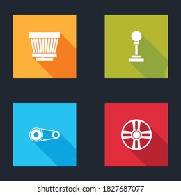 Set Car air filter, Gear shifter, Timing belt kit and Alloy wheel icon. Vector.