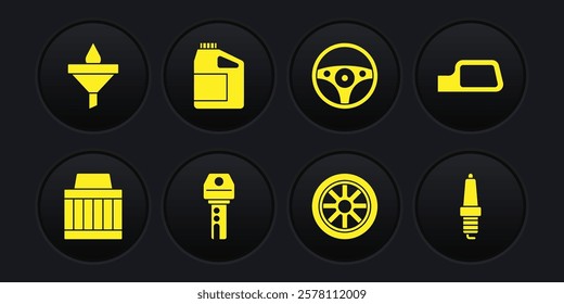 Set Car air filter, mirror, key with remote, wheel, Steering, Canister for motor oil, spark plug and Funnel and drop icon. Vector