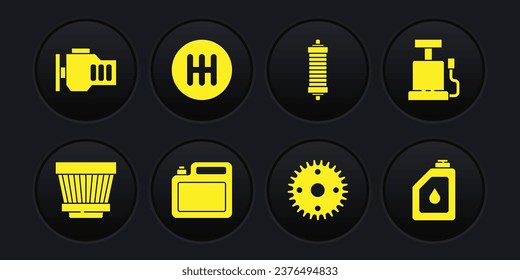 Set Car air filter, pump, Canister for motor oil, Gear, Shock absorber, shifter,  and Check engine icon. Vector