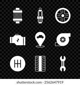 Set Car air filter, spark plug, Alloy wheel, Gear shifter, tire, Wrench spanner, Check engine and Location with car service icon. Vector