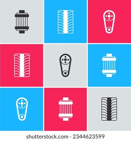 Set Car air filter, tire wheel and Timing belt kit icon. Vector