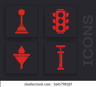 Set Car air pump, Gear shifter, Traffic light and Funnel or filter and motor oil drop icon. Vector