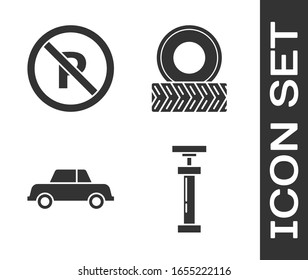 Set Car air pump, No Parking or stopping, Car and Car wheel icon. Vector