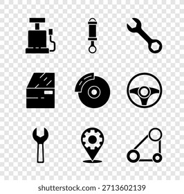 Set Bomba de aire de coche, amortiguador, llave inglesa, servicio, kit de correa de distribución, puerta y disco de freno con icono de pinza. Vector