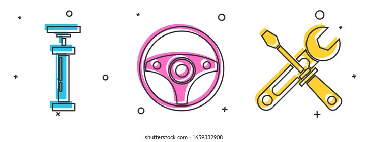 Set Car air pump, Steering wheel and Screwdriver and wrench tools icon. Vector