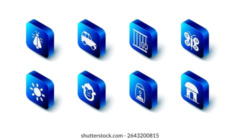 Set Car, Animal cage, Butterfly, African hut, Camping lantern, Monkey, Sun and Mosquito icon. Vector