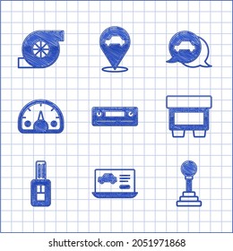 Set Car Audio, Diagnostics condition of car, Gear shifter, Fuse, key with remote, Speedometer, service and Automotive turbocharger icon. Vector