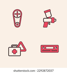 Set Car Audio, Timing belt kit, Paint spray gun and First aid and warning triangle icon. Vector