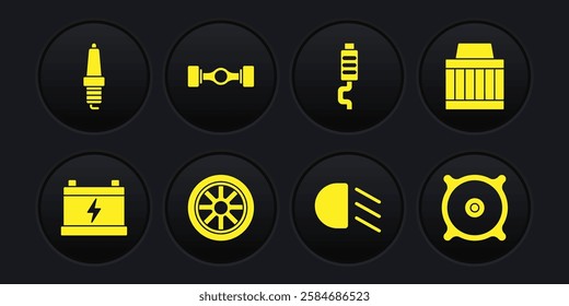 Set Car battery, air filter, wheel, High beam, muffler, Chassis car, audio speaker and spark plug icon. Vector