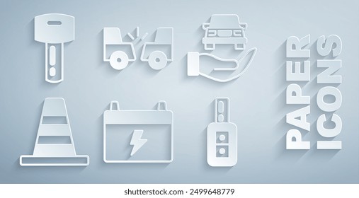 Conjunto de batería de coche, control de servicio automático, cono de tráfico, llave con control remoto, accidente e icono. Vector