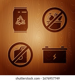 Set Car battery, Can with recycle symbol and can, No canister for gasoline and No trash on wooden background. Vector