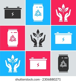 Set Car battery, Can with recycle symbol and can and Plant in hand of environmental protection icon. Vector