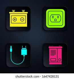 Set Car battery, Car battery, Charger and Electrical outlet in the USA. Black square button. Vector