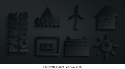 Conjunto de batería de coche, casa respetuosa del medio ambiente, toma de corriente eléctrica, panel de energía solar, turbina de viento e icono de agua. Vector