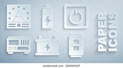 Set Car battery, Electric light switch, Electrical measuring instruments, Battery and Ampere meter, multimeter, voltmeter icon. Vector