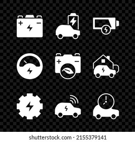 Set Car battery, Electric car, Low, Gear and lightning, Smart system, Voltmeter and Eco nature leaf icon. Vector