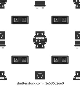 Set Car battery, Electric meter and Electrical outlet on seamless pattern. Vector