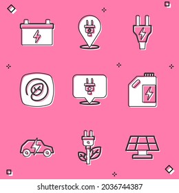 Fijar batería de coche, enchufe eléctrico, Ubicación con hoja, cartucho de combustible ecológico, coche y ahorro en icono. Vector