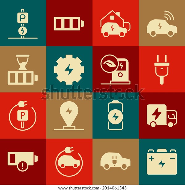 Set Car battery, Electric truck, plug,\
Charging car home, Gear and lightning, Battery charge, parking\
electric and charging station icon.\
Vector