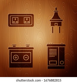 Set Car battery, Electrical outlet, Car battery and Electric plug on wooden background. Vector