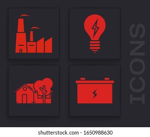 Set Car battery, Factory, Light bulb with lightning symbol and Eco friendly house icon. Vector