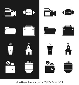 Set Auto-Batterie, Ordner, Kinokamera, American Football, Kaffee-Tasse und Kirche-Gebäude Symbol. Vektorgrafik